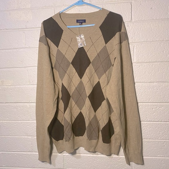 Size tag New Croft & Barrow Wool Blend Soft Argyle Sweater Brown Plaid Men’s - Picture 1 of 7